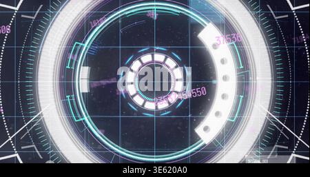 Displaying HUD rings spinning on dark space background, showing cyan grid and magenta readouts Stock Photo