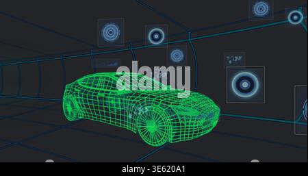 Displaying neon green wireframe sedan 3D model rotating in virtual design studio, with HUD panels Stock Photo