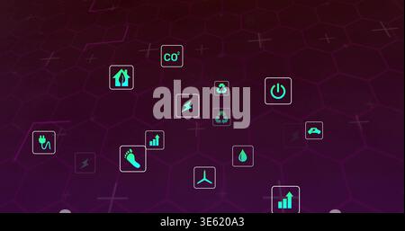 Floating teal icon cluster hovering over hex grid, showing plug, CO2, recycle, wind turbine Stock Photo
