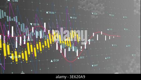 Showing trend chart on trading UI with candles, yellow markers, time labels, purple and red lines Stock Photo