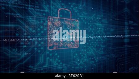 Floating glowing padlock icon pulsing in digital network, crossing dotted waveform and grid Stock Photo