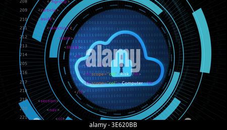 Pulsing cloud icon glowing over circular security HUD at control panel, with padlock, binary, code Stock Photo