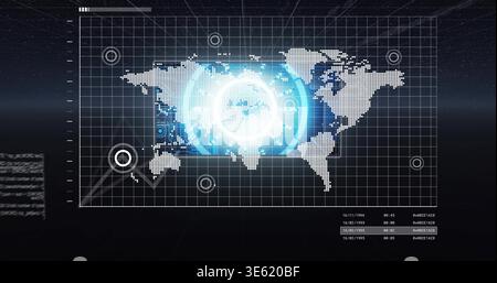 Displaying dotted world map with glowing circular HUD on virtual dashboard, showing target markers Stock Photo