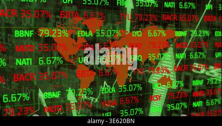 Displaying central orange world map overlaying market dashboard, showing tickers and percentages Stock Photo