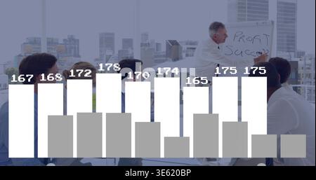 Displaying bar-chart overlay spanning office, showing easel Profit or Success, team in business atti Stock Photo