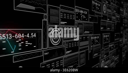Displaying dense panel grid streaming charts, readouts, circular gauge, teal-red traces on console Stock Photo