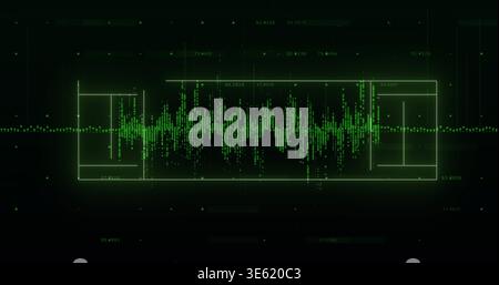 Displaying central neon-green waveform pulsing on HUD screen, with frame, dotted line and numbers Stock Photo