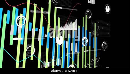 Displaying dashboard showing green cyan gray bars, red cyan line graphs, white gauges on black Stock Photo