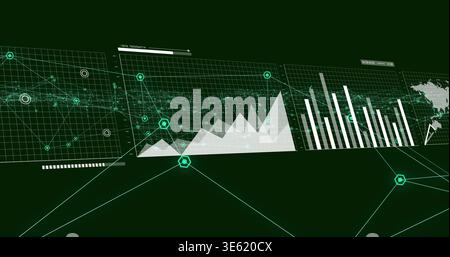 Visualizing three translucent panels floating on dark green dashboard, showing hexagonal markers Stock Photo