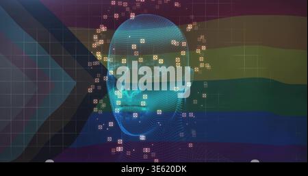 Displaying cyan wireframe head centered on rainbow flag backdrop, left chevron, grid, markers Stock Photo