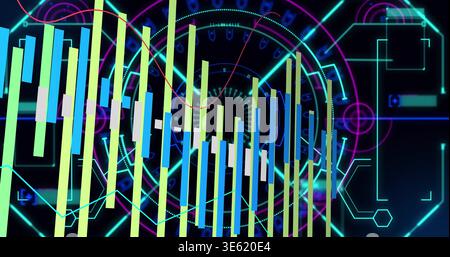 Displaying neon vertical bars pulsing on virtual console, with HUD rings and waveform lines Stock Photo