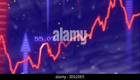 Displaying neon-red jagged line chart fluctuating on digital dashboard, with blue arrow label 55 Stock Photo