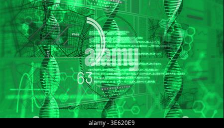 Displaying central DNA helix cluster and HUD overlays in virtual lab dashboard, showing code 63 Stock Photo