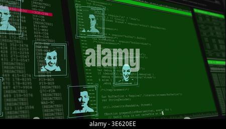 Displaying terminal on computer monitor showing green code with facial thumbnails, highlighted IDs Stock Photo