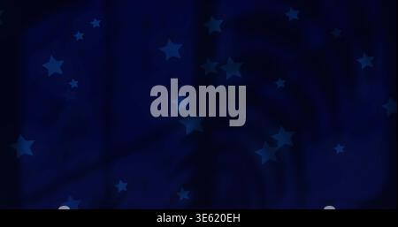 Showing cluster of lighter-blue five-point stars drifting on deep navy-blue curtain, folded texture Stock Photo