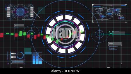 Displaying central multi-ring HUD rotating rings on dark grid, showing red green signal bars Stock Photo