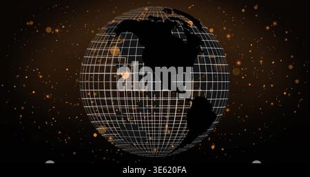 Rotating wireframe globe showing Americas silhouettes in dark digital space with amber bokeh Stock Photo