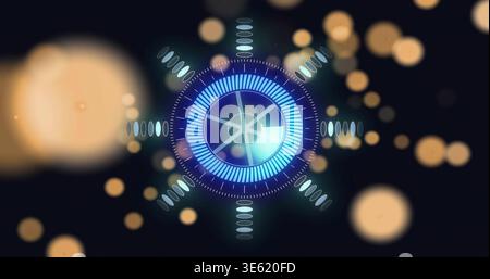 Rotating central HUD projecting concentric rings, inner hub spokes, and cyan nodes in dark space Stock Photo
