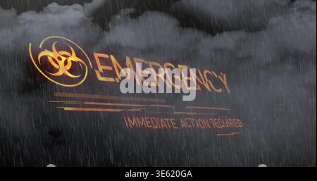 Showing glowing biohazard symbol and EMERGENCY text with IMMEDIATE ACTION REQUIRED, over stormy sky Stock Photo