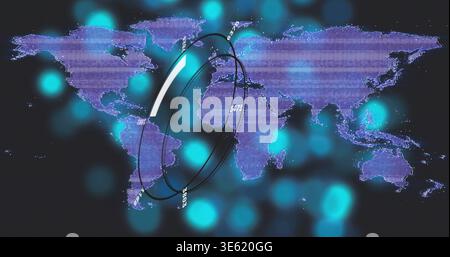 Displaying purple world map with glossy globe, black orbital rings and numeric labels on dashboard Stock Photo