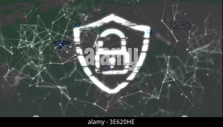 Pulsing glowing shield holding padlock in cyberspace, with Wi-Fi left and smartphone overlapping Stock Photo