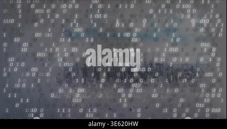Hovering semi-transparent human face blending over city skyline, with vertical binary digits Stock Photo