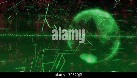 Displaying neon green particle globe rotating on right in virtual GUI with dotted axis, copy space Stock Photo