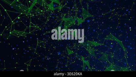 Floating neon green node-and-line mesh forming triangular faces in deep-space field with blue dots Stock Photo