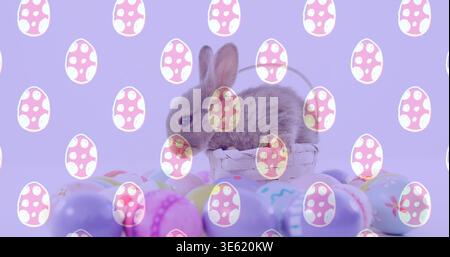 Small brown rabbit sitting in woven basket, pink egg overlay appearing on cue, promoting Easter Stock Photo