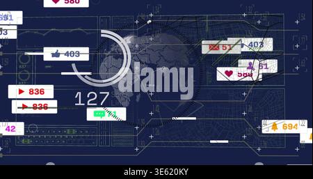 Displaying central dotted globe HUD on navy blueprint, showing badge icons and numeric counters Stock Photo