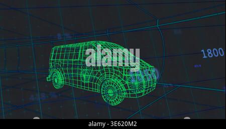 Displaying neon green wireframe panel van rotating in curved blue grid tunnel, with 1800 marker Stock Photo