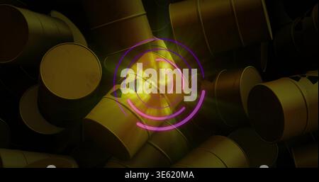 Glowing central drum displaying magenta HUD rings and yellow scan in warehouse, trefoil hazard mark Stock Photo