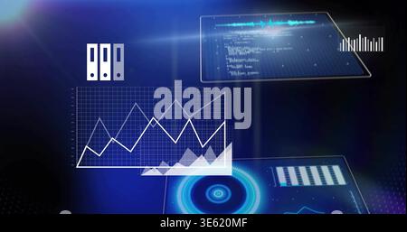 Displaying hologram data panel showing zigzag line plus filled area on digital dashboard, radar Stock Photo