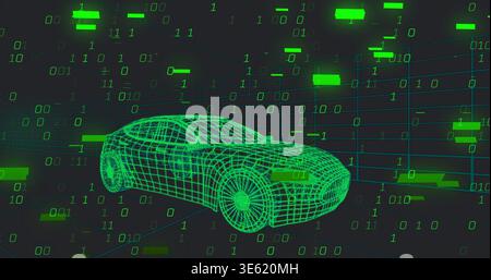 Displaying neon-green wireframe sedan model rotating in virtual lab, with binary digits floating Stock Photo