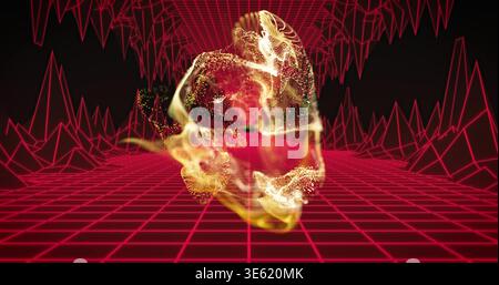 Glowing skull-like particle form floating above magenta grid, showing red wireframe peaks Stock Photo