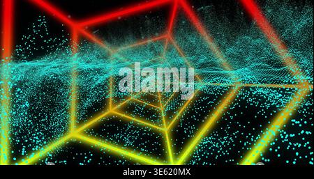Pulsing neon wireframe tunnel and turquoise particle wave receding in virtual void, showing grid Stock Photo