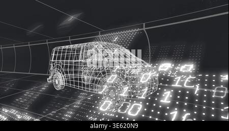 Displaying 3D wireframe van model hovering in virtual chamber above grid, with binary overlays Stock Photo