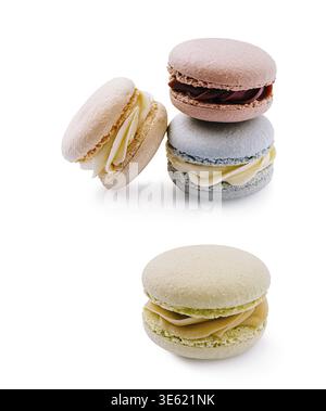 Food, Delightful macarons in pastel shades are stacked creatively. The arrangement features flavors such as raspberry, vanilla, and pistachio, enticin Stock Photo