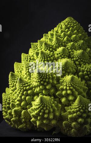 Food, Fresh romanesco cabbage on black background, selective focus Stock Photo
