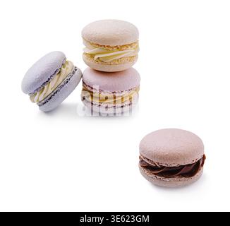 Food, Delicate macarons in various pastel shades are arranged neatly, showcasing unique flavors. These treats create an appealing visual with their so Stock Photo