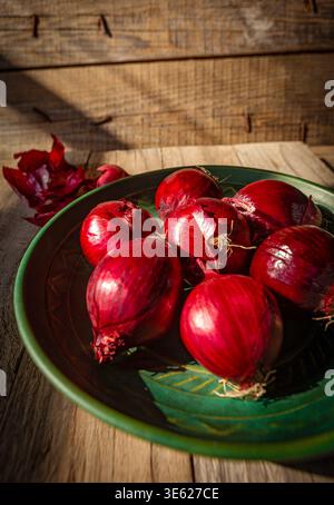 This vibrant image set captures a cluster of raw, whole red onions resting neatly within a green, glazed ceramic plate with a rustic pattern. Stock Photo
