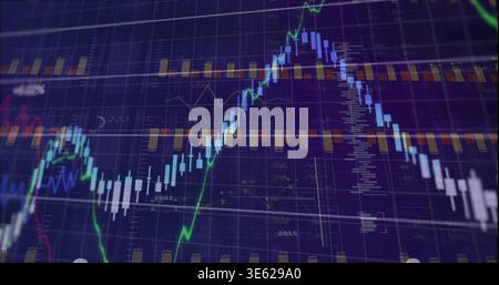 Displaying trading chart on digital monitor, showing candlestick bars, green line, histogram Stock Photo