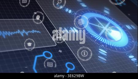 Displaying large blue holographic dial rotating on dark grid plane, with globe and laptop icons Stock Photo