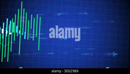 Displaying vertical green and cyan bars rising on left screen, with waveform traces, copy space Stock Photo