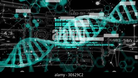 Rotating DNA double helix moving across virtual genomic analysis display, with floating code panels Stock Photo