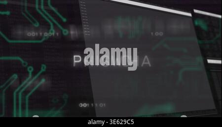 Displaying central translucent overlay showing PHISWCHA text at security desk, with circuit code Stock Photo