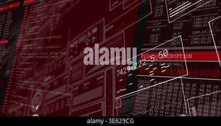 Displaying layered interface in security console, showing monospaced code, ENCRYPTION, waveform Stock Photo