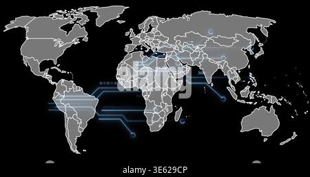 Displaying world map with white borders and glowing blue network lines over black backdrop, nodes Stock Photo