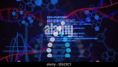 Displaying central ladder molecular graphic glowing in abstract bio visualization, with helix code Stock Photo