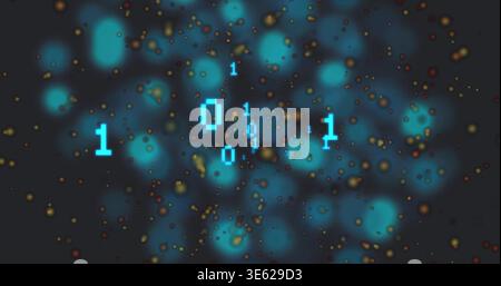 Glowing pixelated cyan binary 1 or 0 digits floating in dark visual field with teal bokeh, gold spec Stock Photo